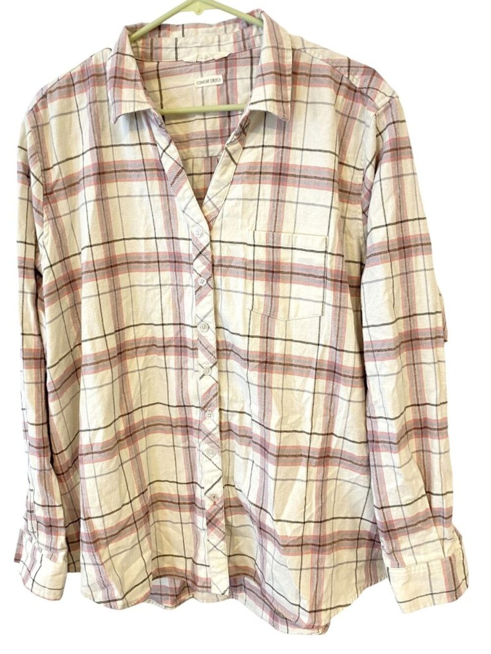 Weatherproof Vintage Womens XL Cream Pink Plaid Comfort Stretch Flannel Shirt